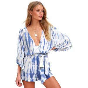 Lulus Size XS Seaside Gale Blue Tie-Dye Surplice Bodice Wide Half Sleeves Romper